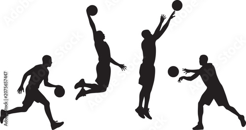 Bild auf Leinwand Basketball Player Silhouette Set Isolated on White Background – Dribbling, Dunki
