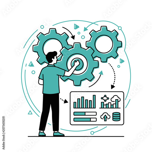 A person manages complex mechanical gears and digital data charts
