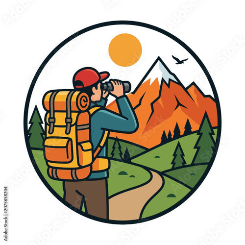 A hiker looks through binoculars at a scenic mountain landscape