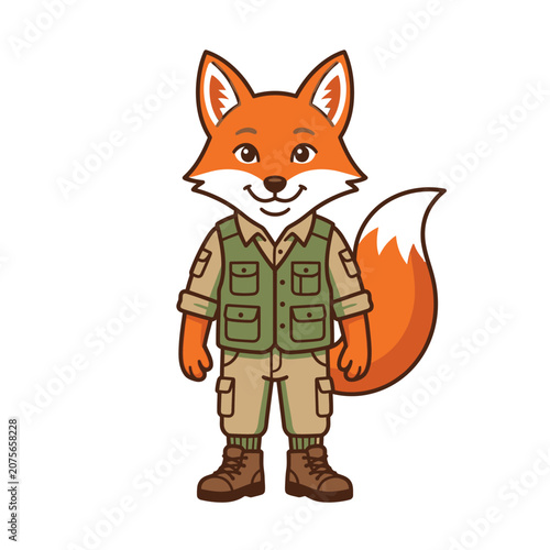 A cute cartoon fox wearing a tan and green explorer outfit
