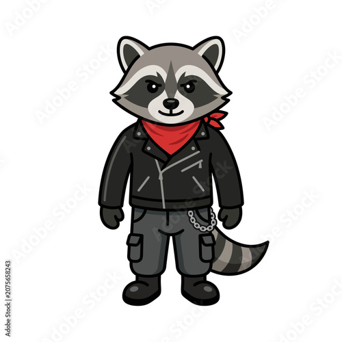 A cool cartoon raccoon wearing a black leather jacket and scarf