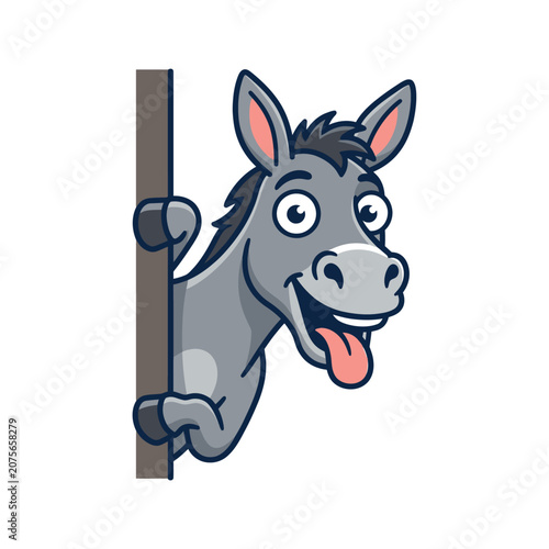 A happy cartoon donkey peeks from behind a vertical wooden board
