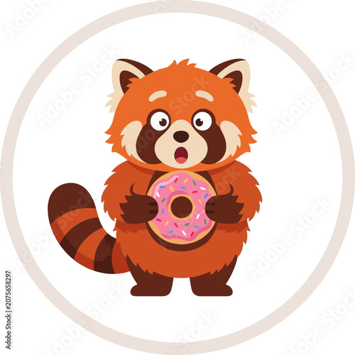 A cute red panda holding a delicious pink frosted donut snack
