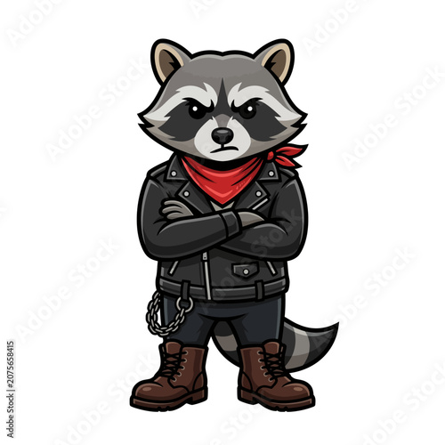 A cool cartoon raccoon wearing a leather jacket stands confidently