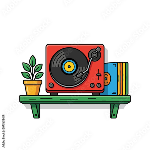 A red record player sits on a shelf with vinyl albums