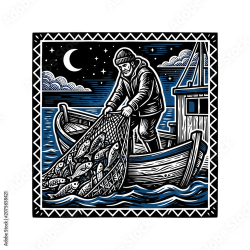 A fisherman pulls a net full of fish from the sea