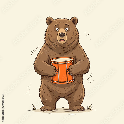 A cute brown bear holds a bright orange drum in hands