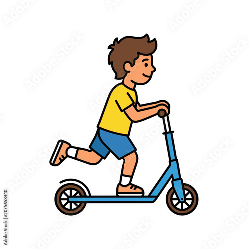 A young boy rides a blue kick scooter on white background