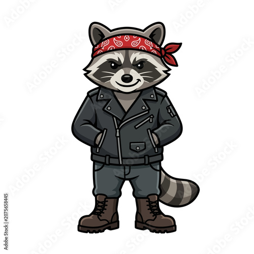 A cool raccoon wearing a leather jacket and a red bandana