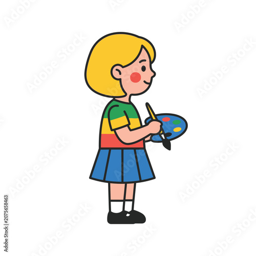 A young girl holds a paint brush and a colorful palette