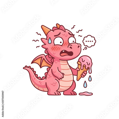 A cute pink dragon is sad about melting ice cream cone