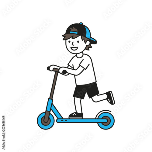A happy young boy rides a blue kick scooter in the park
