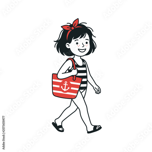 A happy young girl walks with a red beach bag outdoors