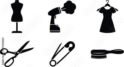 Photos Tailor atelier and garment care icons set featuring black silhouettes of mannequ