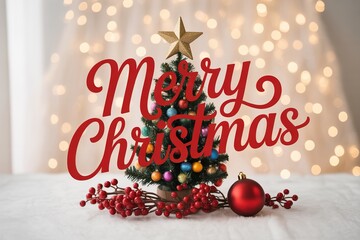 Festive holiday setting with a mini Christmas tree, red ball ornament, winter berries, and big red script Merry Christmas text against bokeh background.