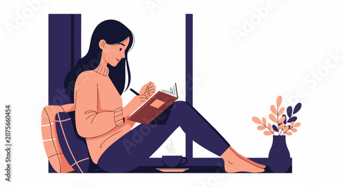 Young Woman Writing in Journal on Windowsill Illustration - Cozy Home Creative Hobby Concept