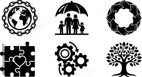 Silhouette style icons set featuring family, unity, and global protection symbols on clean white background for design