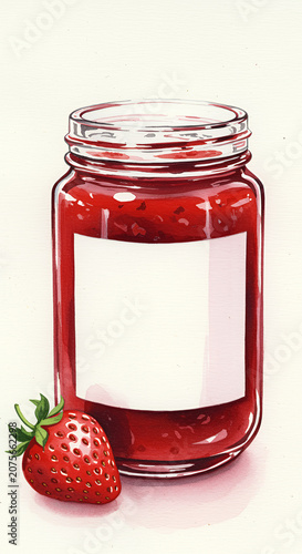 Mockup of a glass jar with berry jam and a blank label for placing a logo or signature