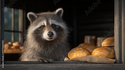 A raccoon opening its own neighborhood bakery and carefully arranging fresh bread in the shop window, illuminated by warm golden morning light and surrounded by a cozy atmosphere of craftsmanship.