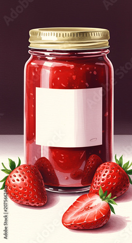 Mockup of a glass jar with berry jam and a blank label for placing a logo or signature