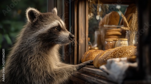 A raccoon opening its own neighborhood bakery and carefully arranging fresh bread in the shop window, illuminated by warm golden morning light and surrounded by a cozy atmosphere of craftsmanship.