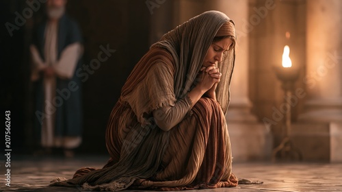 Hannah kneeling in the tabernacle in silent prayer for a child as Eli watches from a distance.