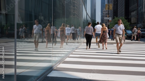 People crossing a busy city street while their reflections in surrounding glass buildings move in the opposite direction, creating a surreal visual metaphor about individuality, conformity.