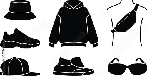 Konstfotografi Modern streetwear fashion and youth culture apparel icons set featuring black si