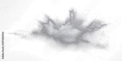 Foto Dynamic gray particle explosion against white background, suggesting a sudden burst of energy or chaos