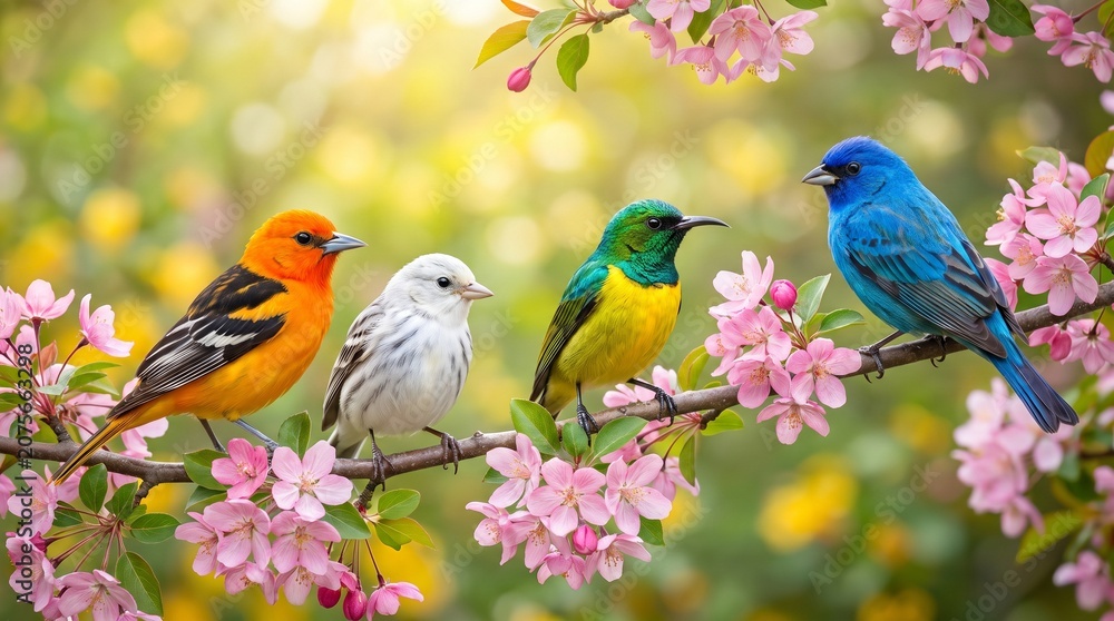 Fototapeta premium Two cute cartoon birds in love perched on a green branch, enjoying the spring breeze