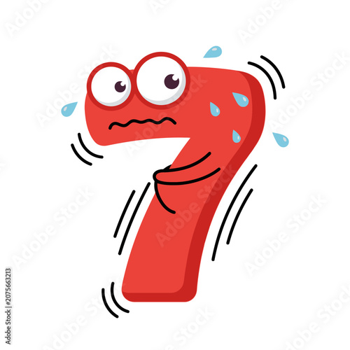 A red cartoon number seven character looks very nervous and sweaty