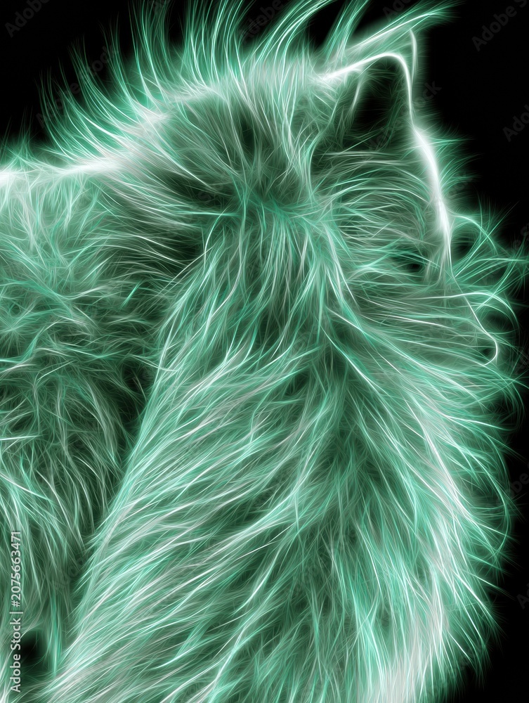 Fototapeta premium Focus on the enormous bushy tail of an arctic fox surrounded by glowing textures against a dark backdrop