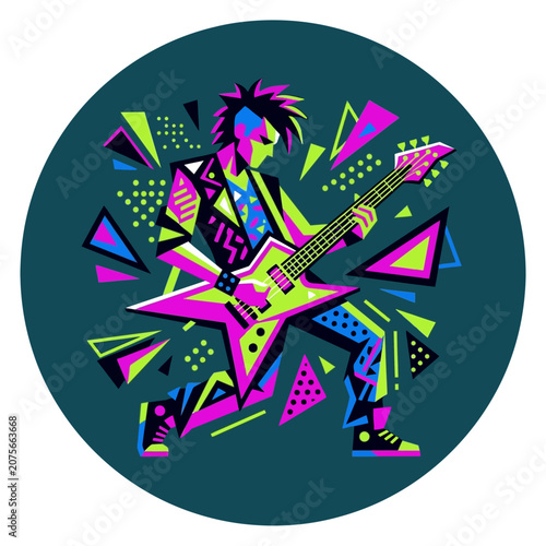 A stylized illustration of a musician playing an electric guitar