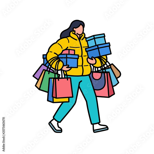 A woman carries many colorful shopping bags and gift boxes