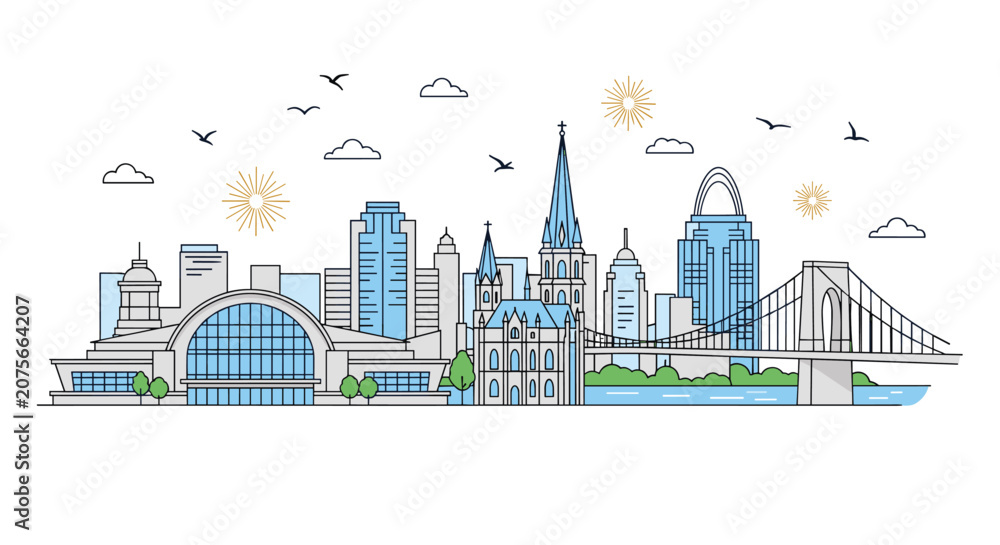 Obraz premium Modern panoramic city skyline illustration featuring skyscraper buildings, a suspension bridge, and a blue cathedral.
