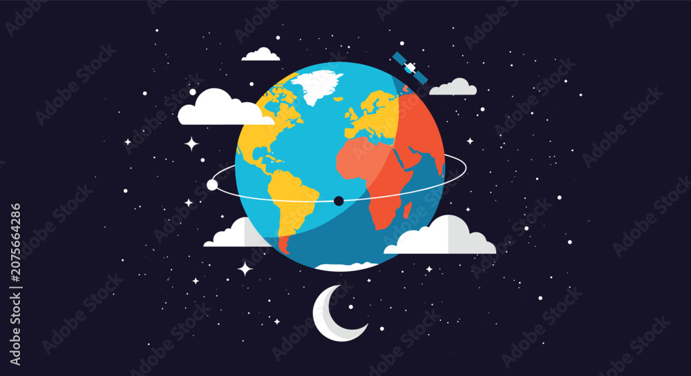 Fototapeta premium Flat vector illustration of planet Earth in dark starry space with the moon, a satellite, and white clouds.