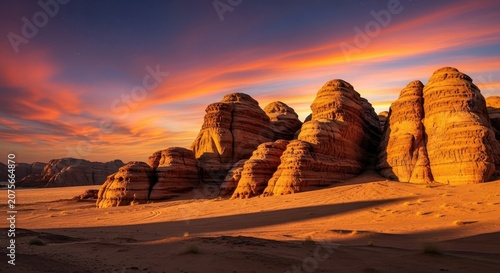 Majestic eroded sandstone formations under a vast, cloud-streaked sky, showcasing ancient geological history and harsh desert beauty, towering, vast, desert