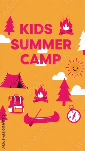 Animated kids summer camp poster with camping icons and smiling sun in bright orange background, sliding triptych panels