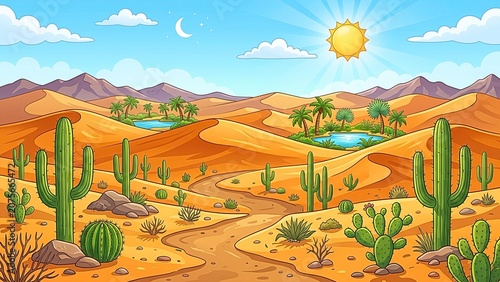 A vibrant cartoon desert landscape filled with cacti, palm trees, shimmering water pools, and a winding path under a bright sun and crescent moon