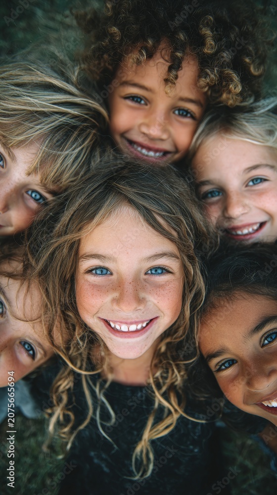 Fototapeta premium A diverse group of smiling children lie together on grass, their joyful faces forming a vibrant background for themes of unity and childhood innocence.