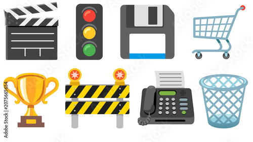 Schilderij op canvas Colorful transparent icons of various objects including clapperboard, traffic light, floppy disk, shopping cart, trophy, roadblock, fax machine, and trash can on transparent background