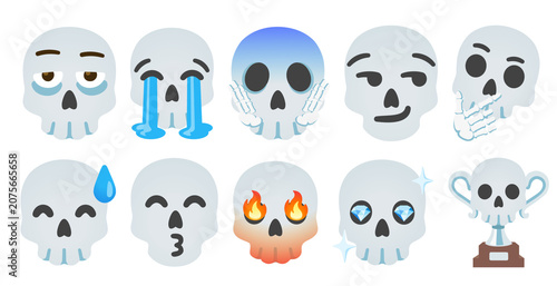 Fotografi Collection of white skull emojis with various emotive expressions on transparent
