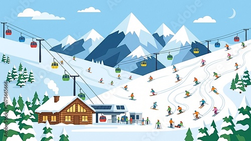 Vibrant Winter Ski Resort Landscape with Mountain Slopes Skiers and Cable Car Infrastructure