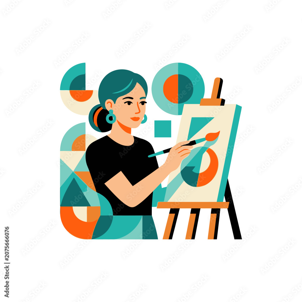 Fototapeta premium A creative woman paints on a canvas with abstract shapes