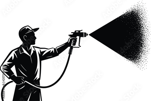 Professional worker holding spray gun and spraying mist, black and white vector silhouette of painter or pest control technician and pressure washer