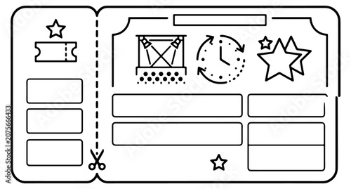 Concert admission pass design with star element event details and performance stage illustration.