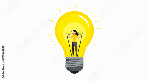 Business Woman Standing Inside Glowing Light Bulb - Concept for New Idea, Creativity, Innovation, and Brainstorming Flat Vector Illustration