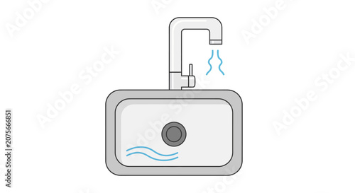A gray and white kitchen sink with water flowing.