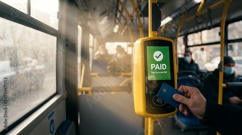 Contactless payment terminal on public transport bus passenger making fare transaction with credit card for commuting services near city window seat during golden hour travel time.