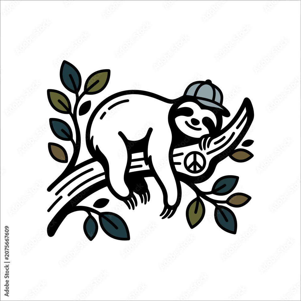 Obraz premium A cute cartoon sloth wearing a cap rests on a branch